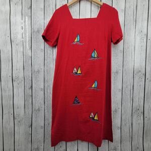 Country Concept Embroidered Sailboats Linen Blend Dress